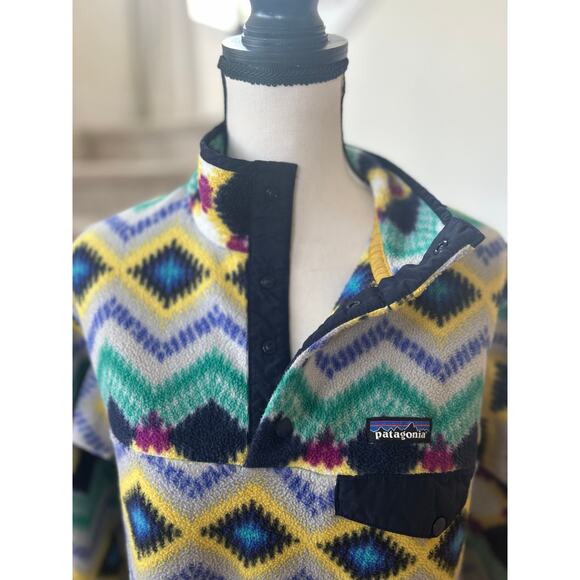 Patagonia Synchilla Snap Timber Twist Aztec Long Sleeve Aqua Blue Yellow Fleece - Picture 6 of 8